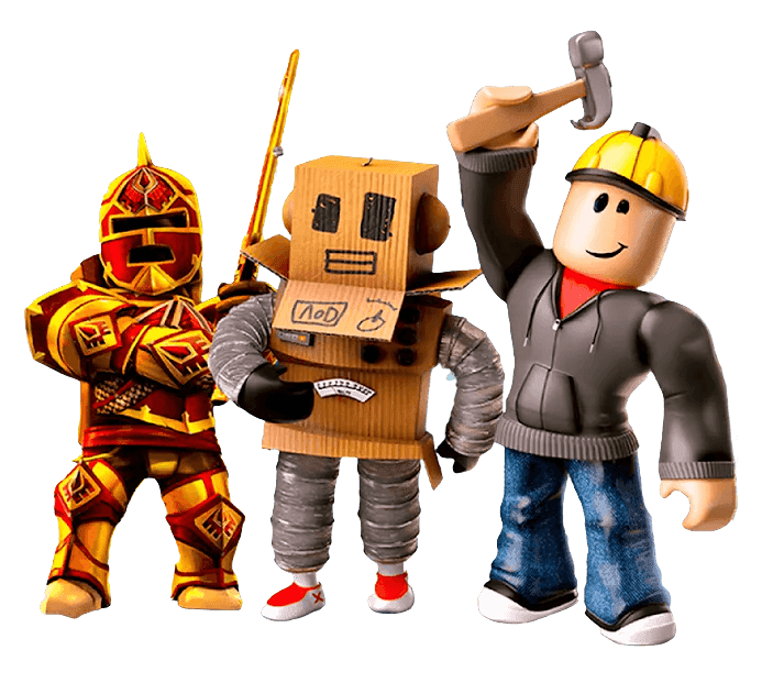 a collection of Roblox skins including a knight, a cardboard robot, and a builder
